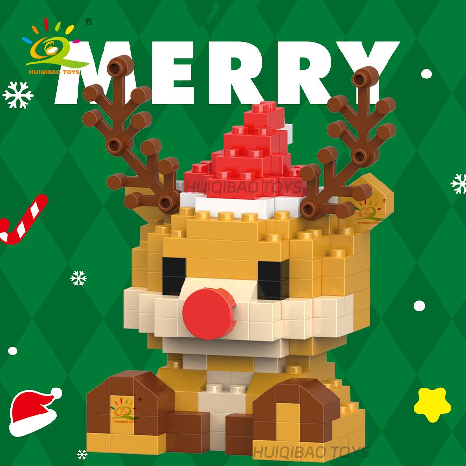 HUIQIBAO Mini Christmas Tree Santa Claus Children Train Model Micro Bricks Building Block Snowman Elk Bricks Toys New Year Gift