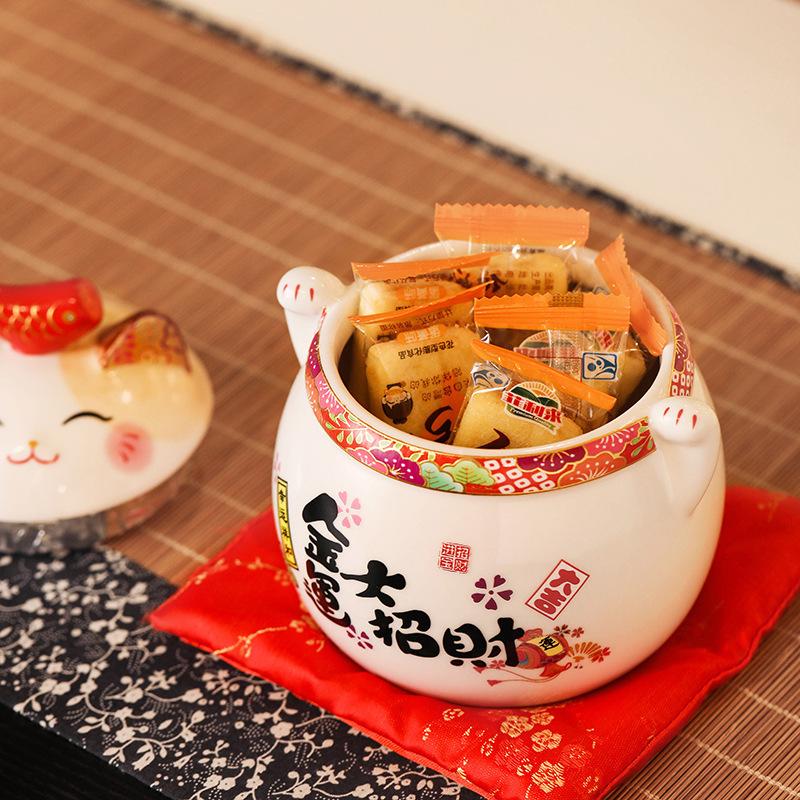 6 Inch Ceramic Maneki Neko Ornament Home Decoration Lucky Cat Figure Tabletop Candy Dish Cookie Canister Koi Fish Lid