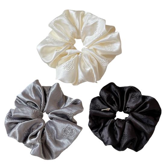 Elástico de Cabelo Feminino Cor Pura Estampa de Camélia Alta Elasticidade Corda de Cabelo Cetim Liso Scrunchy de Cabelo Acessório de Cabelo Sem Danos