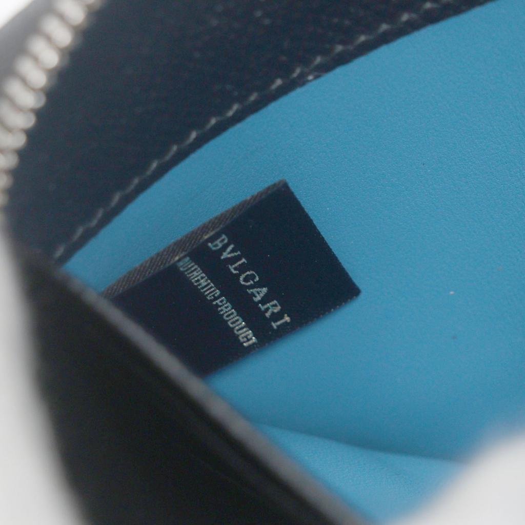 Great BVLGARI Purse Logo Metal Round Zip Long Wallet black leather mens Used