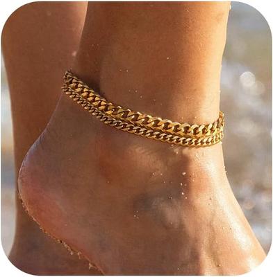 14k Gold Plated Titanium Steel Cuban Link Anklets, Waterproof Anklet Bracelets Women Layered Chain Adjustable Beach Jewelry Gift