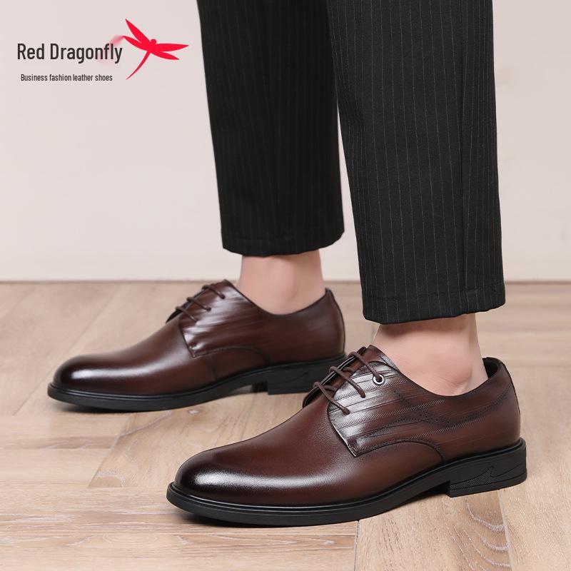 Red Dragonfly Men's Leather Business Shoes - Genuine Cowhide Soft Sole, Ideal for Spring/Autumn Office or Wedding.
