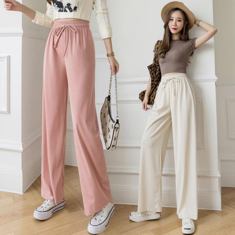 GMXIA Women's Ice Silk Pants Women's Summer Slim Draping High Waist Loose Straight Pants Floor Length Casual Wide Leg Pants