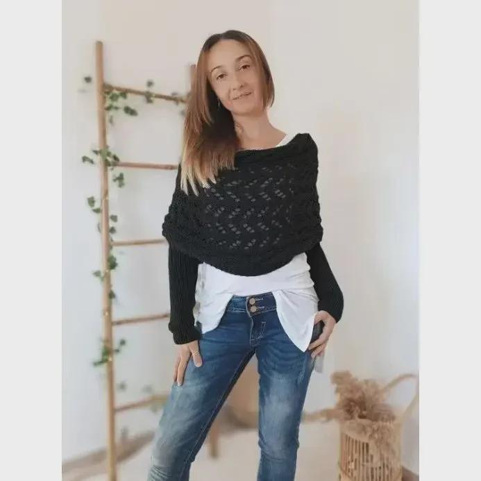 

Шерстяной шарф осень/зима 2024 года в европейском и американском стиле: Витая, полая, удлиненная шаль с двойным рукавом Above 175cm чёрный