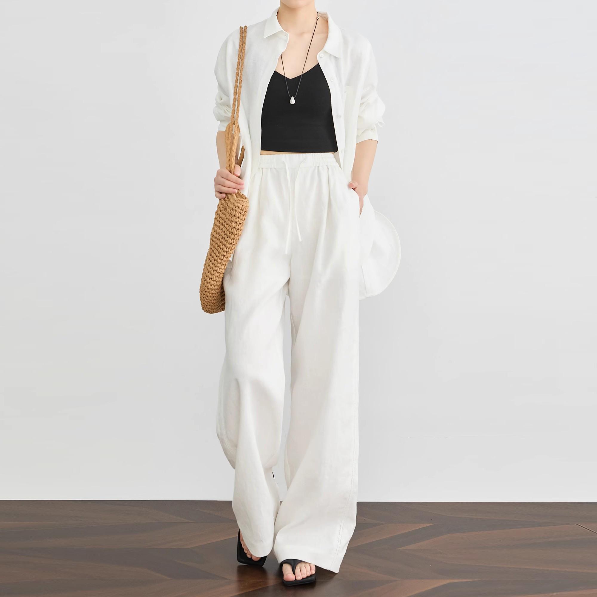 Women s White Wide-Leg Linen Pants - Summer Loose Fit, Elongated Minimalist Drape S
