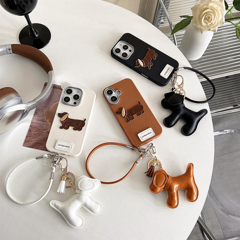 Imitation Leather Pattern Tpu Mobile Phone Case Is Suitable For Iphone16Promax Portable Rope Apple 15 Puppy Pendant 14 Women'S Models