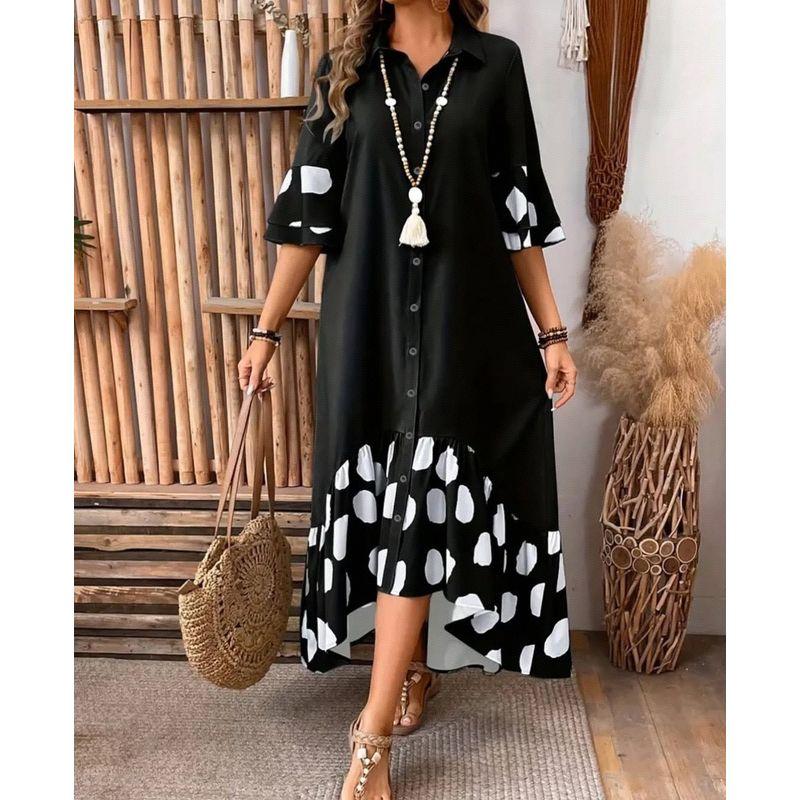 Patchwork Dress European and American 2025 Summer New Women Fashion Casual Patchwork Polka Dot Long Shirt Dress