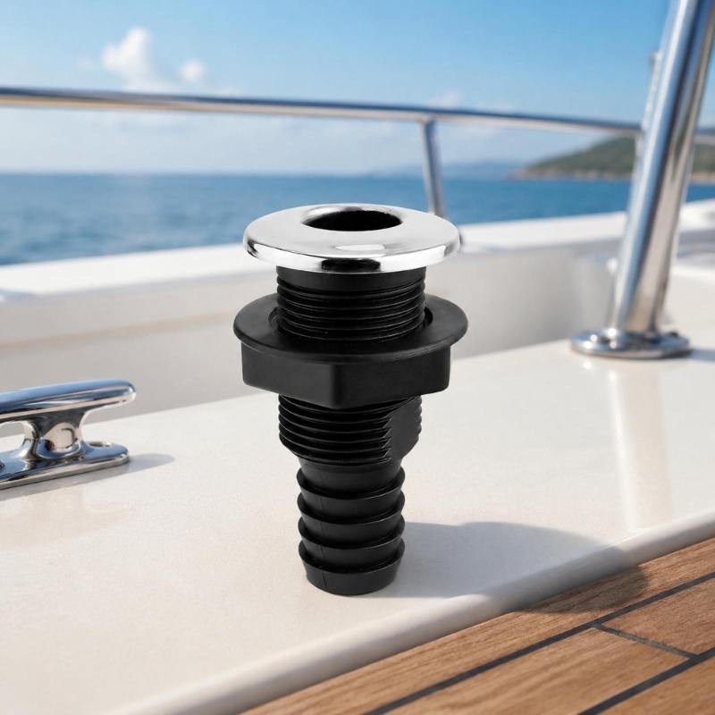 Marine Drain Fitting 1 Inch Boat Deck Drain Outlet with Straight Threaded Body, Nylon Construction and Stainless Steel Outer Trim for Hull Repair