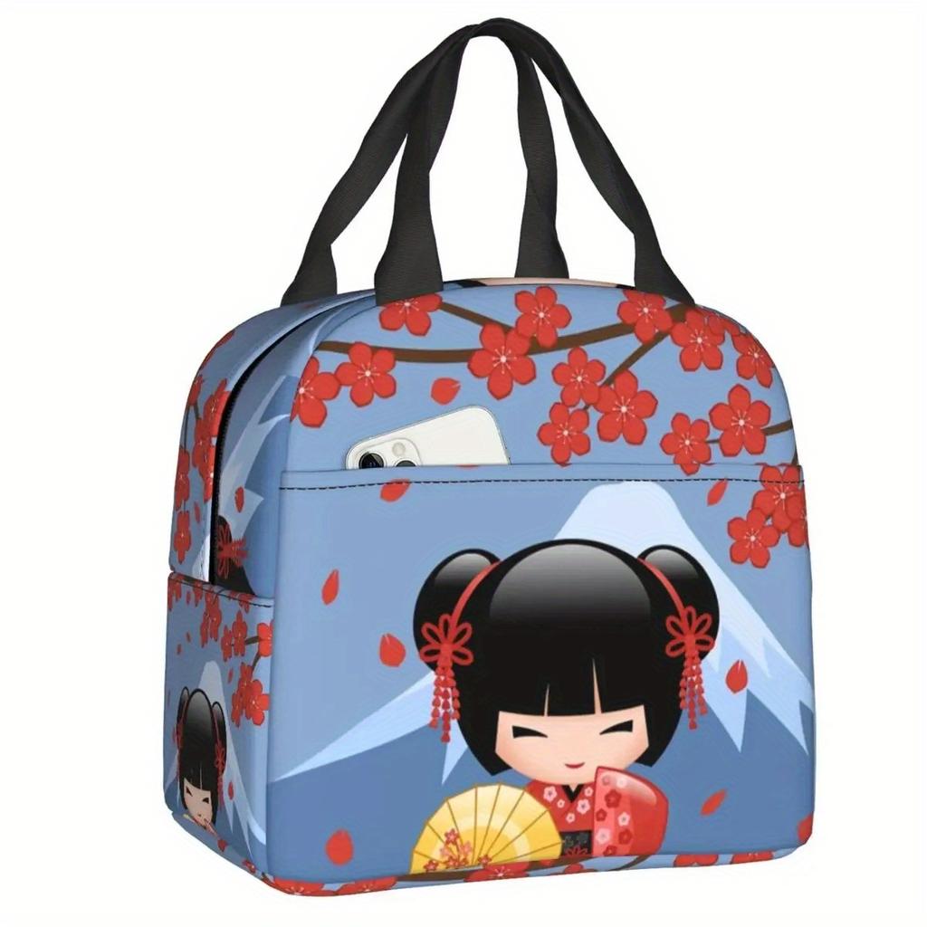 Cherry Blossom Kokeshi Doll Insulated Lunch Bag - Reusable Thermal Cooler Bento Box with Cute Sakura Design