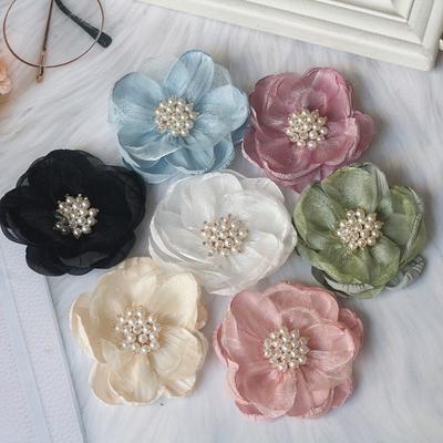 5PCS 7.5CM Tissu Chiffon Organza Fleur Rose avec Centre Perlé Robe de Mariée Jupe Décoration Maison Chapeau Accessoires Cheveux DIY