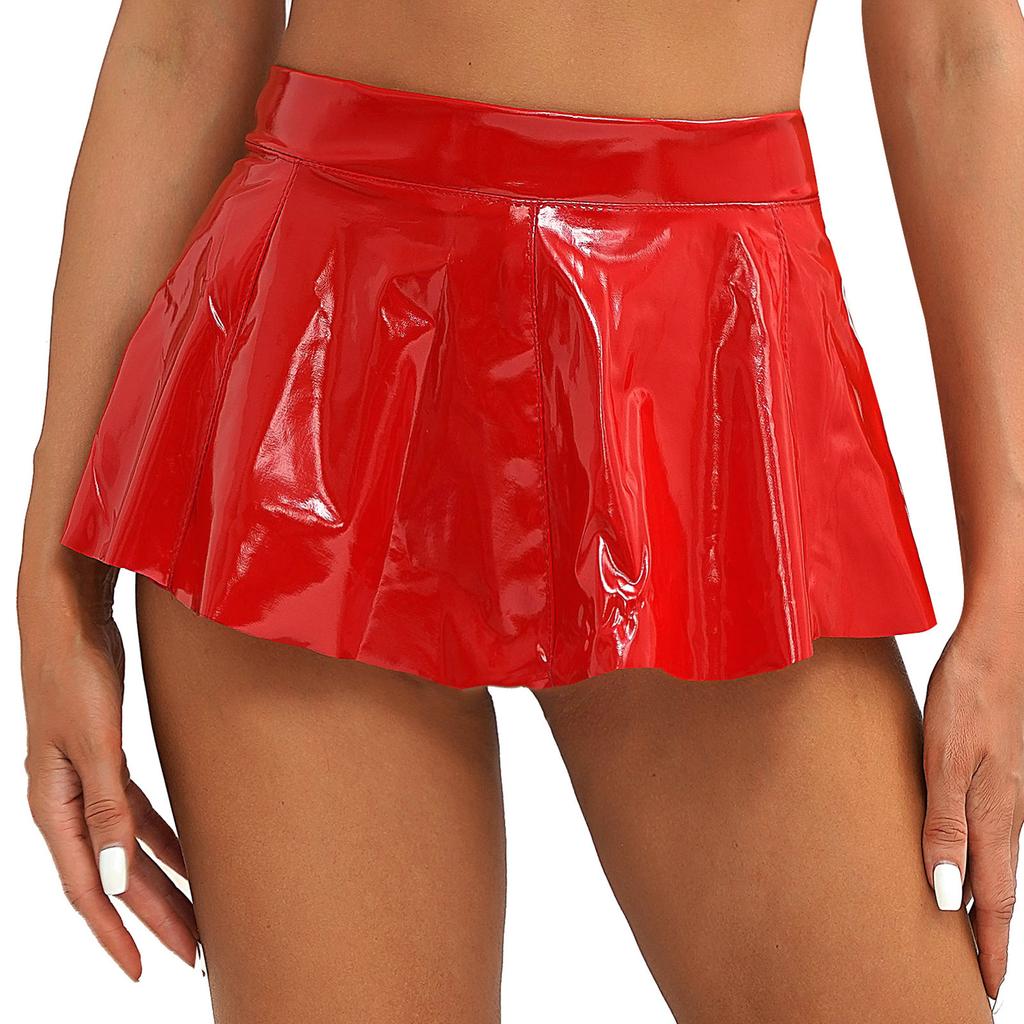 Womens Glossy Patent Leather Flared Mini Skirt Rave Party Skirts