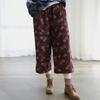Johnature Women Vintage Corduroy Print Floral Wide Leg Pants Plus Cotton Trouser Winter Elastic Waist High Quality Pants