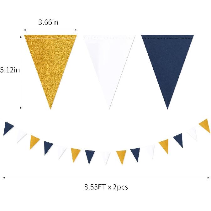 Navy-Blue White-Gold Party Decorations Banner - 2 Pack Men Birthday Graduation 2025 Glitter Sprinkles Paper Pennant Triangle Flags, Fathers Day