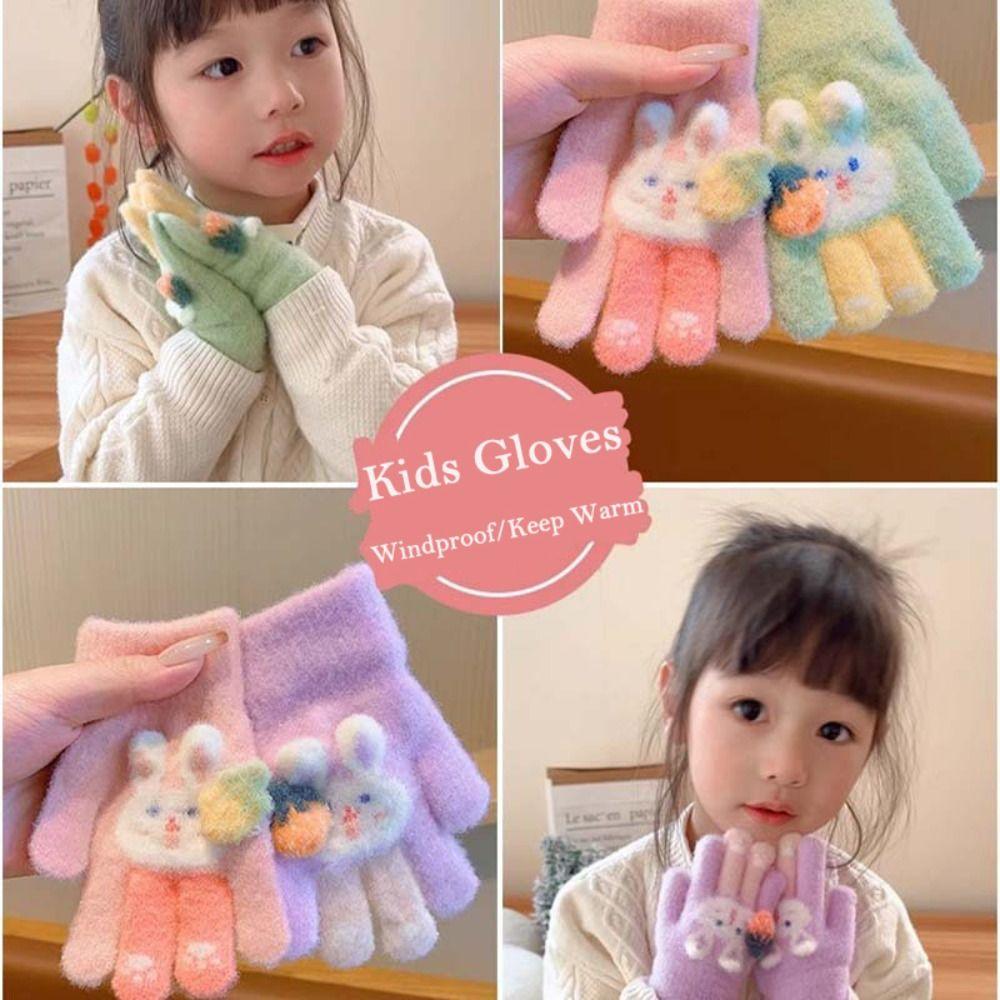 Cartoon Rabbit Children Full Fingers Gloves Plush Windproof Gloves Cute Kids Knitted Gloves