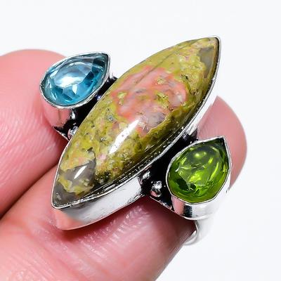 Natural Unakite, Peridot Gemstone 925 Sterling Silver Gift Ring Size 7 R8z18