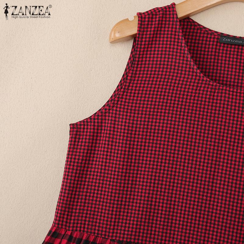 ZANZEA Womens Casual Round Neck Summer Grid Print Sleeveless Dress