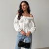 Camisa Branca Sexy Ombro Caído Blusas Femininas Slim Cor Sólida Cintura Marcada Manga Comprida Top Elegante Senhora de Escritório Nova Moda Primavera/Verão 2025