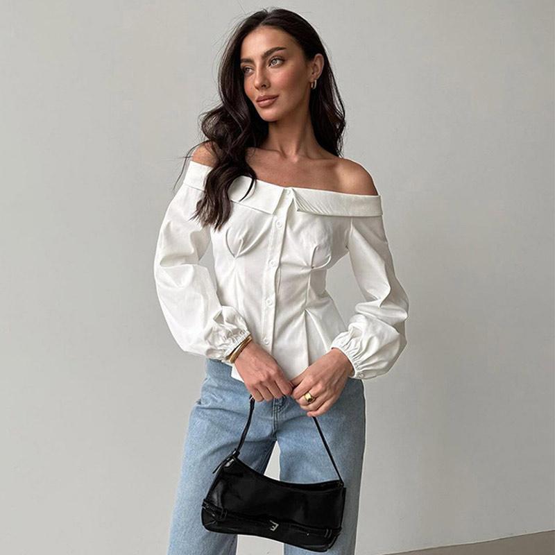 Camisa Branca Sexy Ombro Caído Blusas Femininas Slim Cor Sólida Cintura Marcada Manga Comprida Top Elegante Senhora de Escritório Nova Moda Primavera/Verão 2025