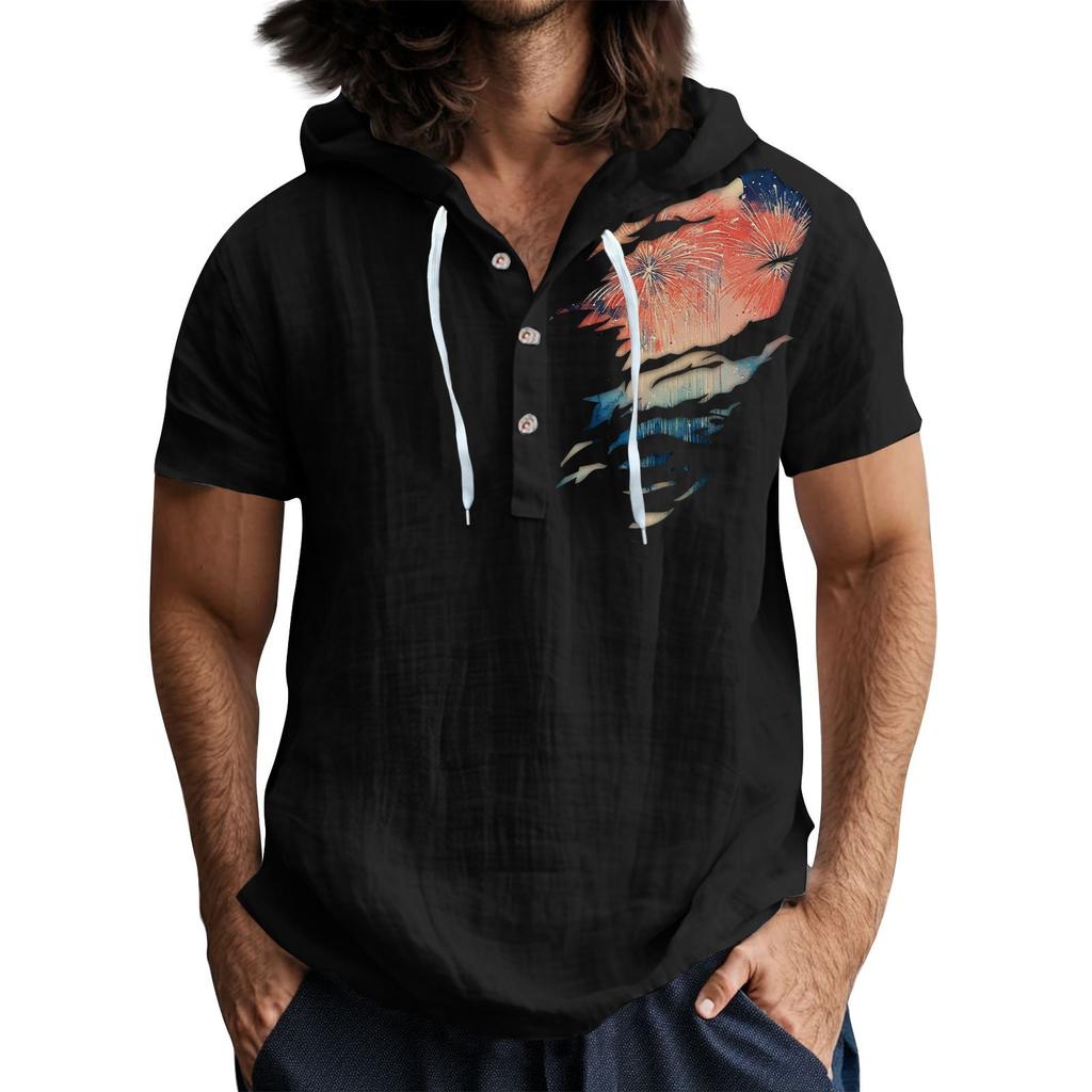 Pánské ležérní tričko s krátkým rukávem a kapucí, s rozhalenkou na knoflíky