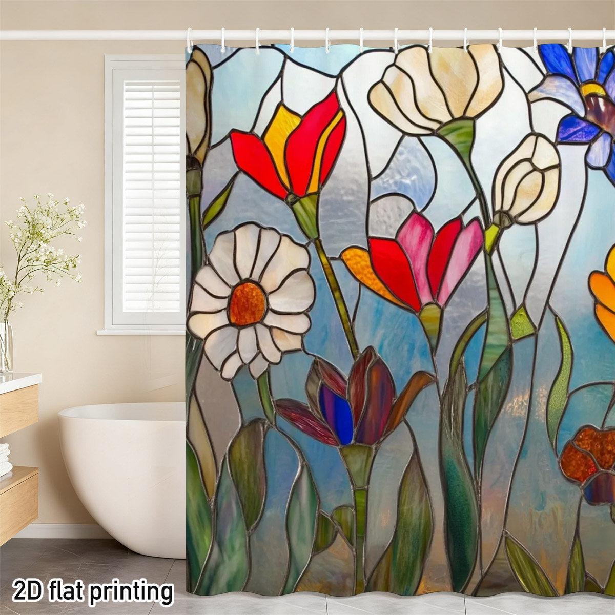 

Stained Glass Floral Shower Curtain Colorful Garden Pattern Heavy Duty Decor Home Hotel Guest Bathroom Hooks W60H190(CM)-1 Pcs