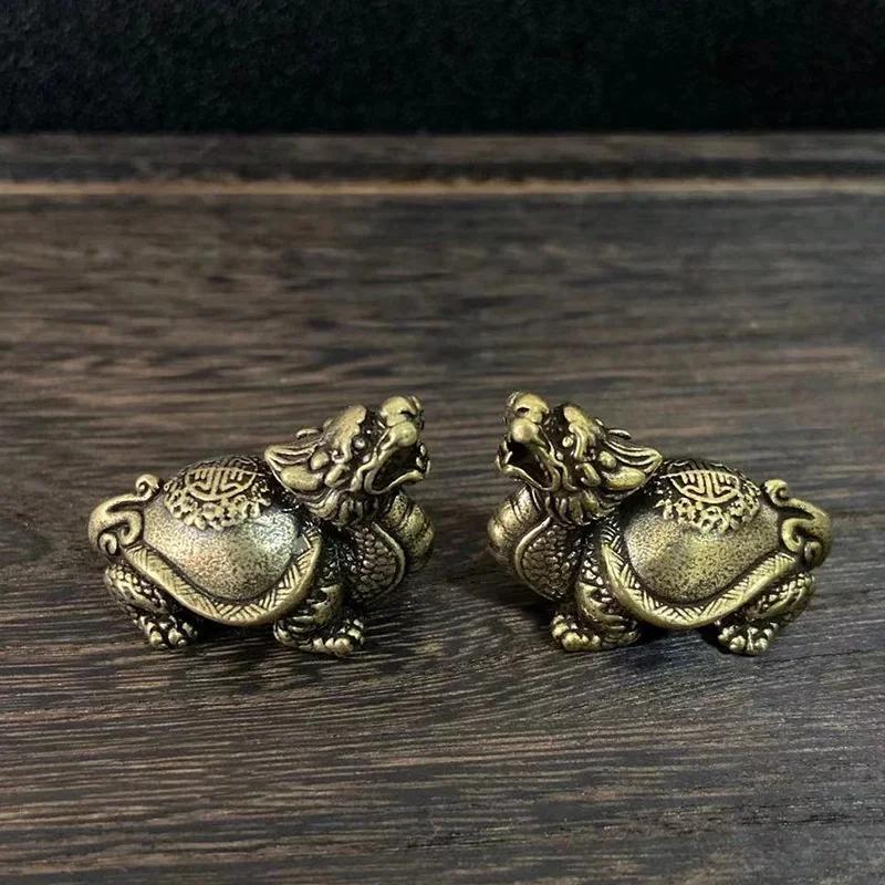 Glückliches Tier Statue Desktop Ornament Dekorationen Retro Messing Mythisches Tier Drachenkopf Schildkrötenkörper Figuren Miniaturen Schweres Kupfer