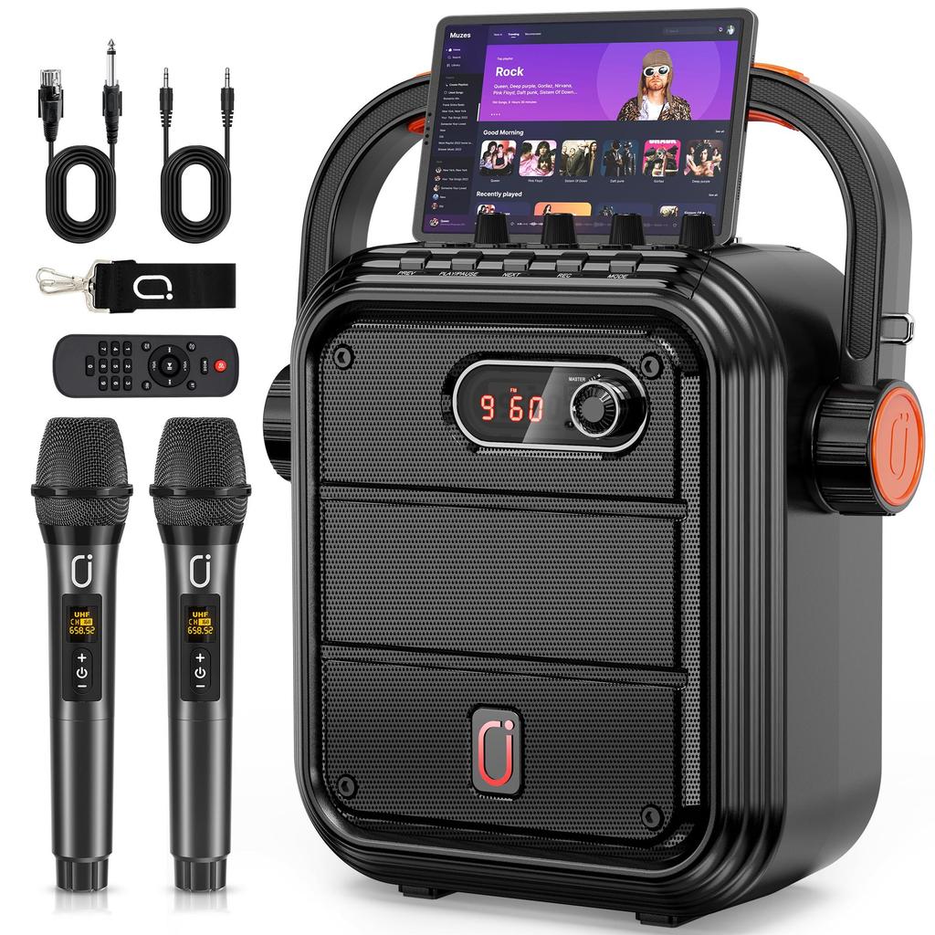 Karaoke-Maschine mit 2 kabellosen Mikrofonen, 5200mAh tragbares Lautsprecher-Set Bluetooth 5.0 wiederaufladbares PA-System mit TWS, FM, REC