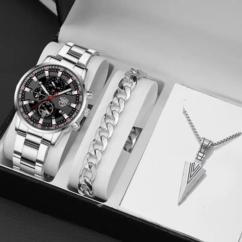 

3 шт./комплект 1 шт. Модные повседневные мужские кварцевые часы с календарем и ремешком из нержавеющей стали, 1 шт. Мужской браслет, 1 шт. Мужское ожерелье