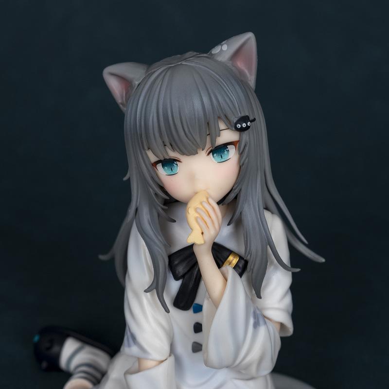 Nachoneko Seated Anime Cat Girl Figure Cute Cat Ear Gray Hair Eating Fish PVC Collectible Figure Desktop Ornament For Anime Fans