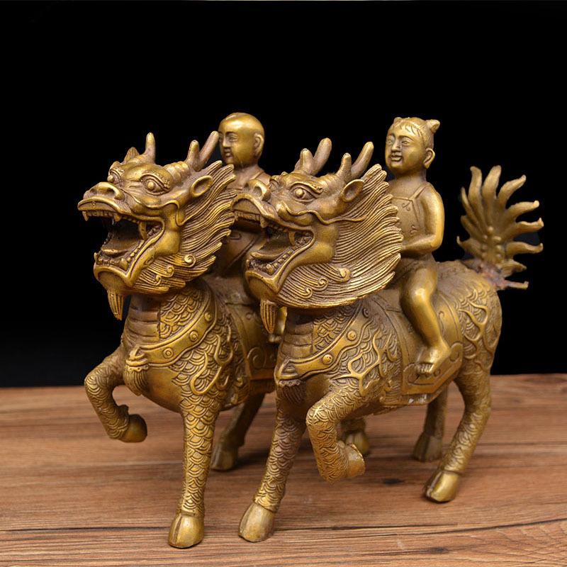 Feng Shui Copper Kirin, Golden Boy and Jade Girl, Bronze Craft Home Living Ornament
