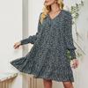 Women's V-Neck Casual Printed Long Sleeve Short Dress
