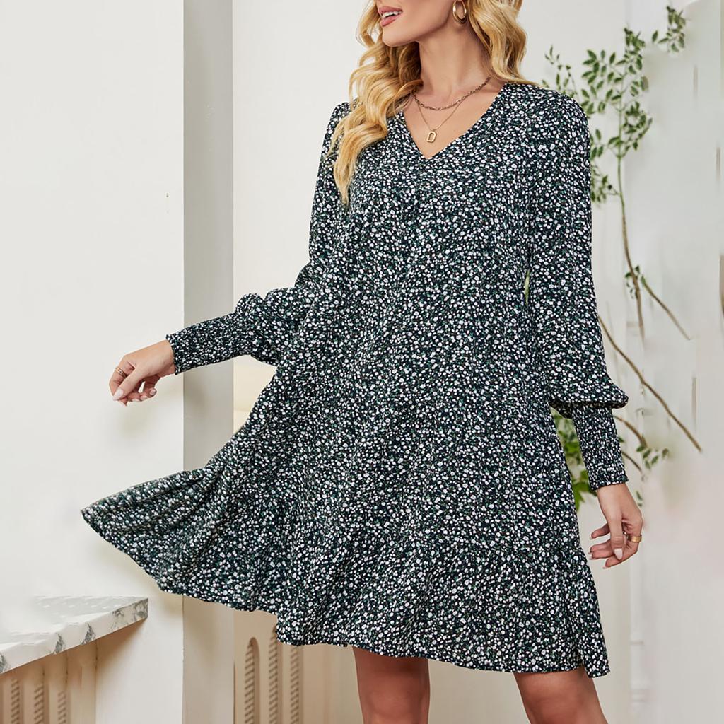 Women's V-Neck Casual Printed Long Sleeve Short Dress