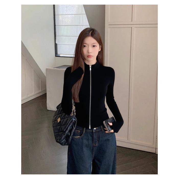 

Women s Elegant Black Waist-Cinched Double Zipper Cardigan with Stand-up Collar, Spring/Autumn Long-Sleeve Jacket (2025) Small