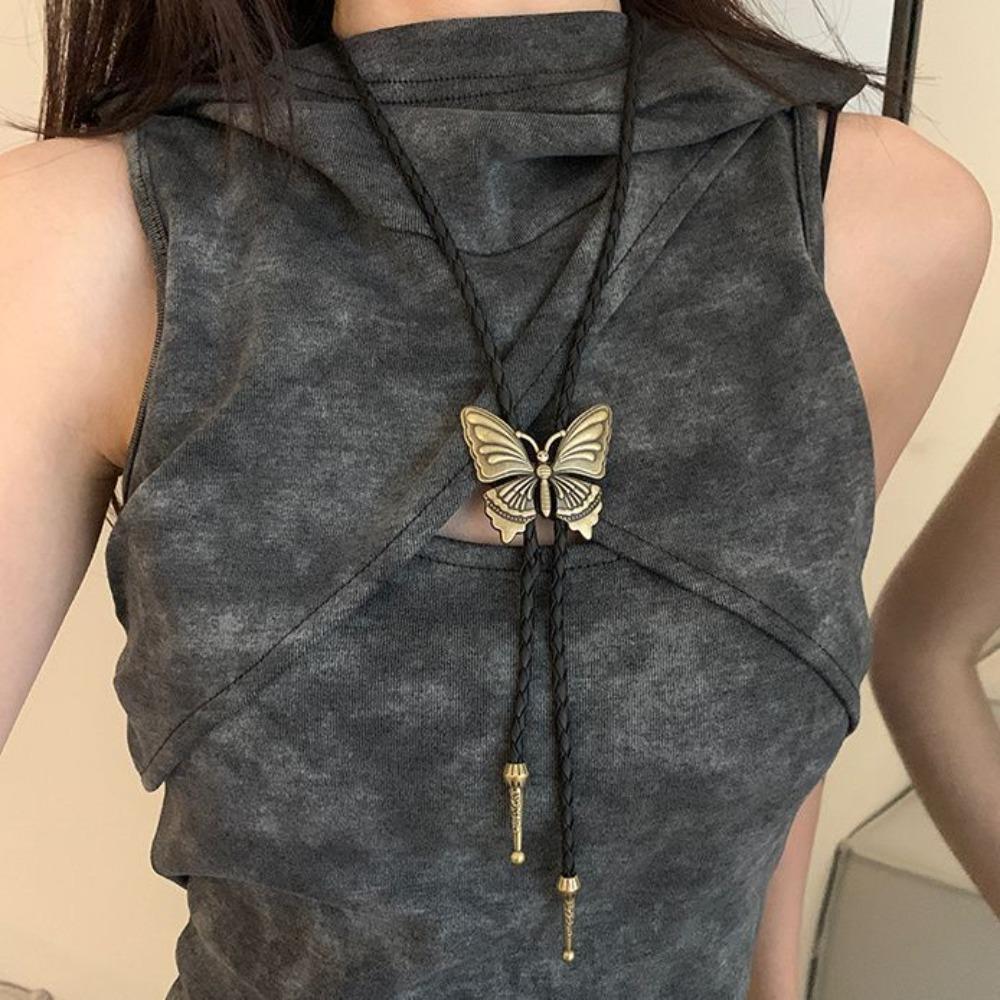 PU Woven Turquoise Feather Necklace Ethnic Style Bronze Butterfly Choker  Men