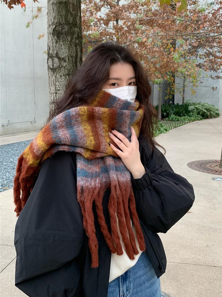 Autumn atmosphere~ Korean light luxury retro striped scarf mohair fringed scarf women's winter cold-proof versatile shawl