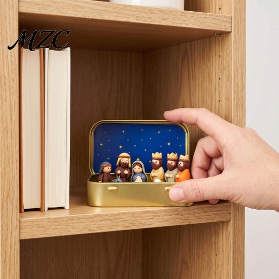 Mini Holy Night Figures Christmas Nativity Set in Tin Box, Hand-Painted Resin Scene Family Figurines, Portable Religious Tabletop Decor, Christian