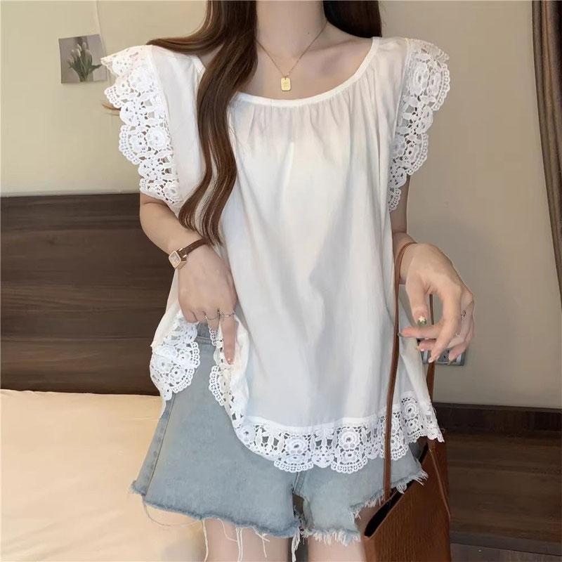 Casual Lace Flying Sleeve Blouse Women's Clothing Sweet Solid Color Summer Basic Sleeveless French Style Spliced Loose Shirts