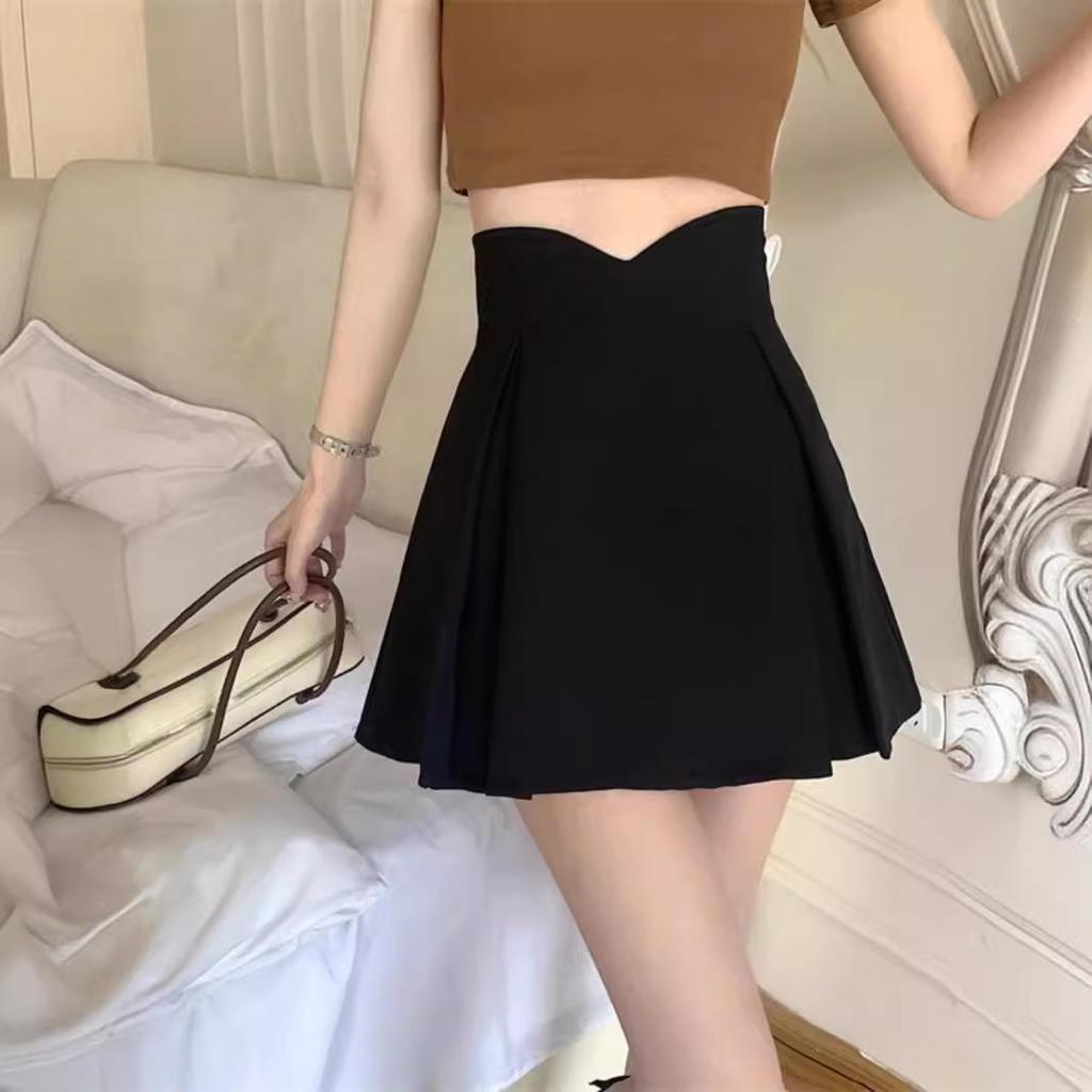 Summer 2024 Women's Black High-Waist Pleated Midi Skirt - Slimming Casual A-Line Bodycon