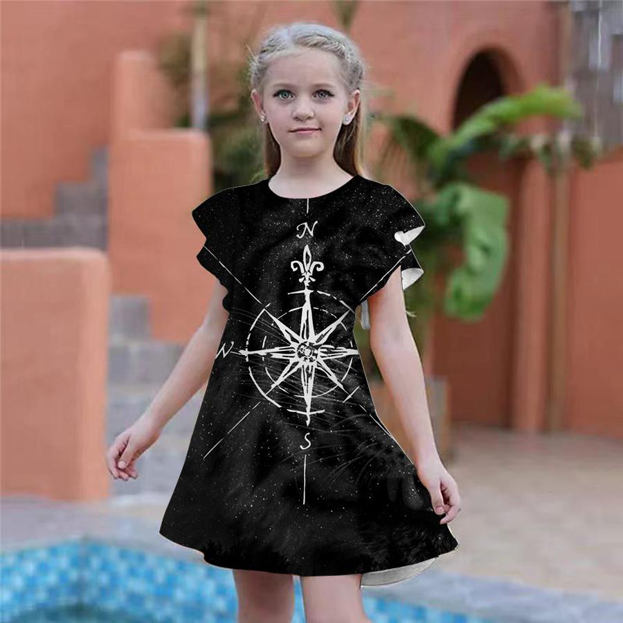 Robes Bleues à Imprimé Pentagramme pour Filles Robe de Fête pour Enfants Fille Coupe Ample Coupe Ample Manches Courtes Jupe pour Filles de Plus de Quatre Ans
