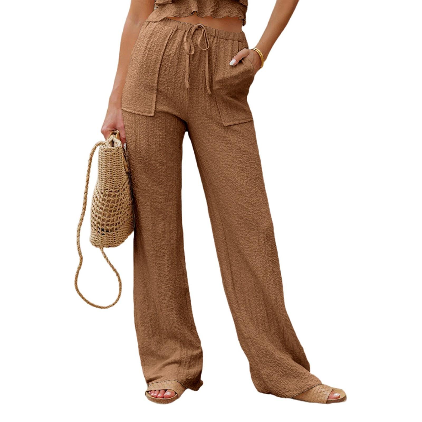 

Женские модные однотонные повседневные брюки с высокой талией и эластичным поясом на карманах M кофейный