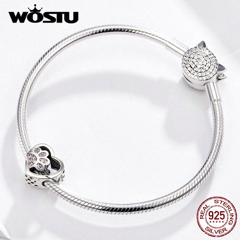 WOSTU 925 Sterling Silver Sweet Pink Cat Claw Charms Love Heart Pet Animal Beads Fit Original Bracelet Bangle DIY Jewelry Making