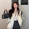 Women's Short White Fleece-Lined Baseball Jacket - High-End Korean Style, New Autumn/Winter 2025 Arrival