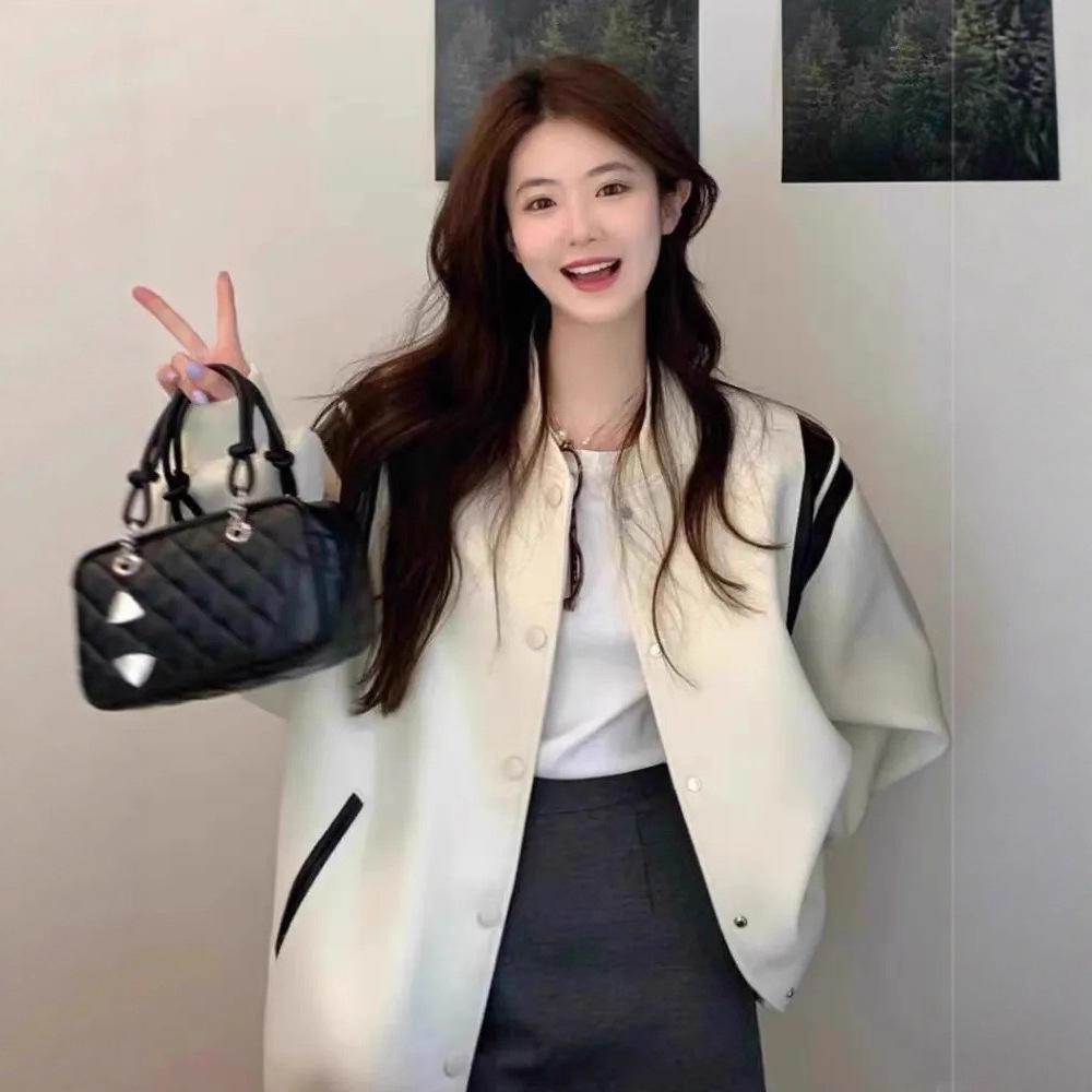 Women's Short White Fleece-Lined Baseball Jacket - High-End Korean Style, New Autumn/Winter 2025 Arrival