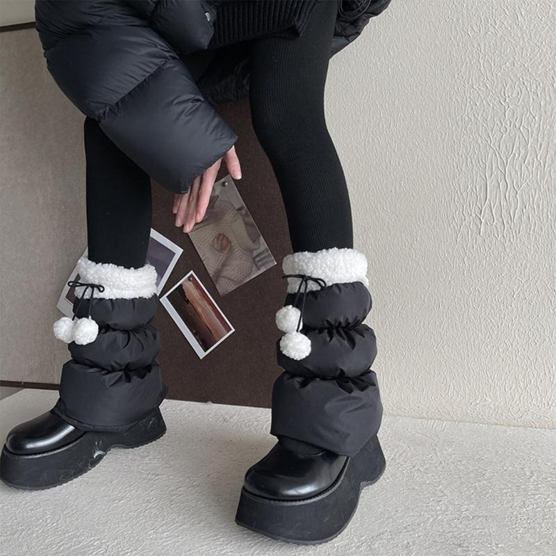 Lamb Fleece Trim Padded Puffer Leg Warmers with Cute Plush Balls for Women Warm Thermal Quilted Boot Cuffs Foot Covers