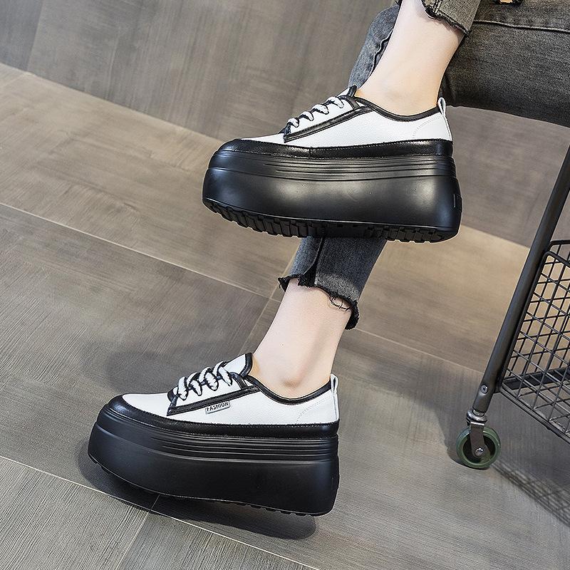 Fashion 9cm Cow Genuine Leather New Autumn Summer Spring Platform Wedges Vulcanized Lace Up Casual Women Chunky Sneakers Lady Shoes