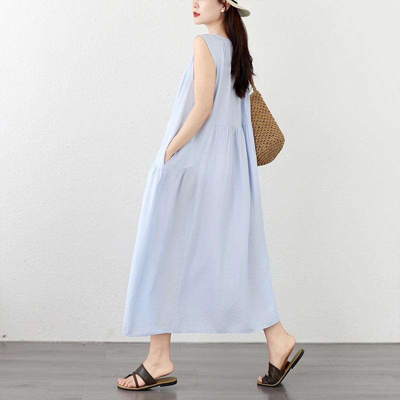 Elegant And Laid-back Style, Large Sleeveless Cotton And Linen Round-neck Vest Dress