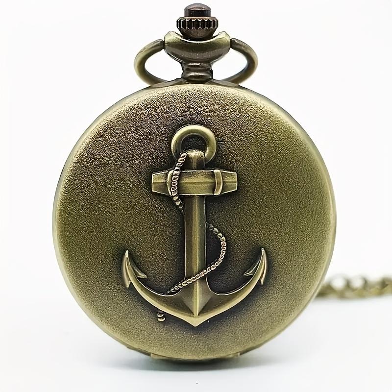 Flip Classic Retro Pocket Watch with Boat Anchor Relief Pattern, Large Quartz Pocket Watch, Roman Face Necklace