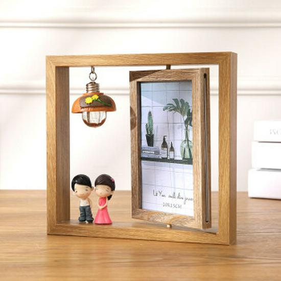 6-Inch Modern Double-Sided Rotating Wooden Photo Frame & Album with Wood Carving Ornament
