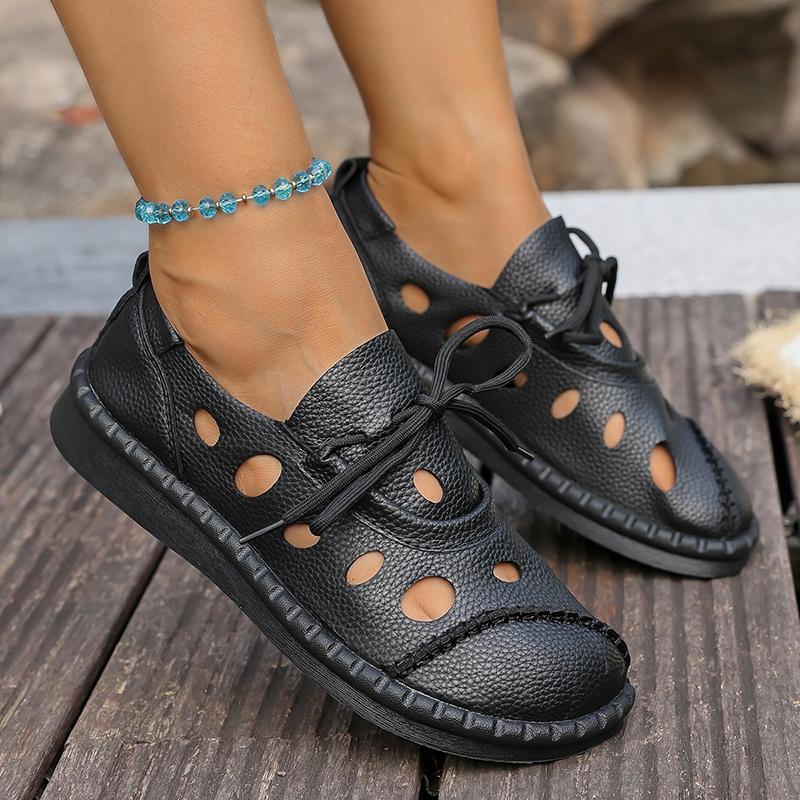 Fashion Hollow Out Pu Leather Flats for Women Summer Comfort Breathable Lace Up Sneakers Woman Soft Sole Non Slip Platform Walking Shoes
