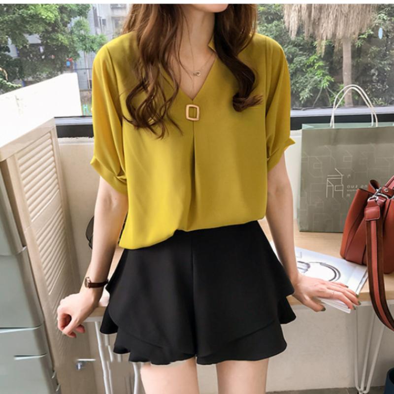 Spring and Summer New Fashion Half Sleeved Simplicity Solid Color Casual Versatile Commuting Elegant V-neck Pullover T-shirt