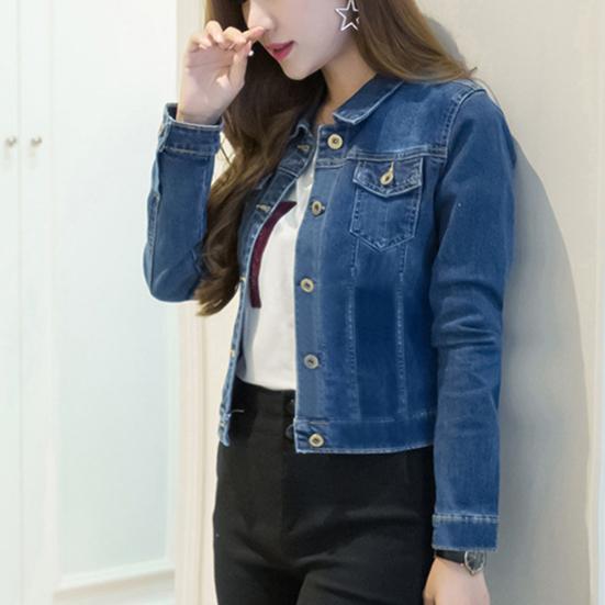 Damen Kurze Jeansjacke Slim Umlegekragen Langarm Knopfleiste Denim Oberbekleidung
